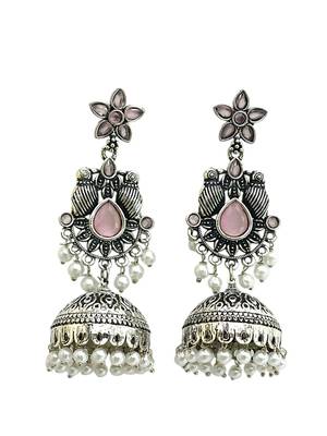 German silver bird motif pink long dome jhumka earrings 4