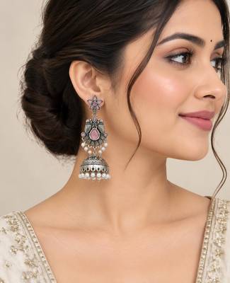 German silver bird motif pink long dome jhumka earrings 5