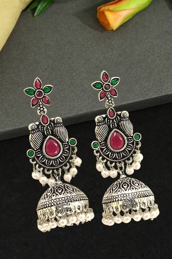 German silver bird motif red green long dome jhumka earrings