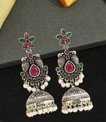 German silver bird motif red green long dome jhumka earrings