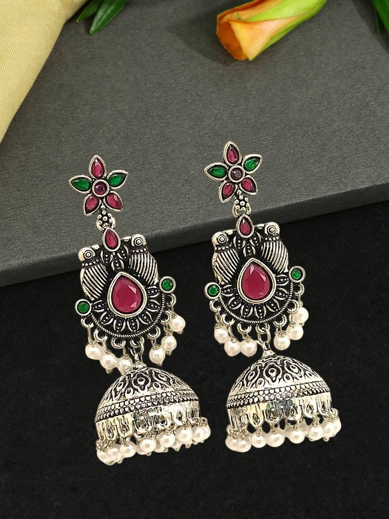 German silver bird motif red green long dome jhumka earrings