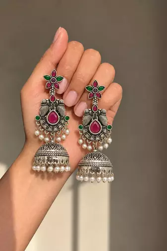German silver bird motif red green long dome jhumka earrings