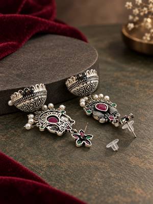 German silver bird motif red green long dome jhumka earrings 3