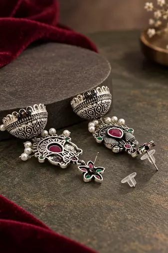 German silver bird motif red green long dome jhumka earrings