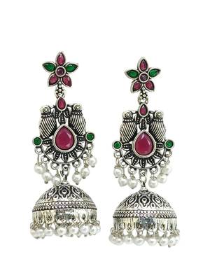 German silver bird motif red green long dome jhumka earrings 4