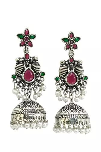 German silver bird motif red green long dome jhumka earrings