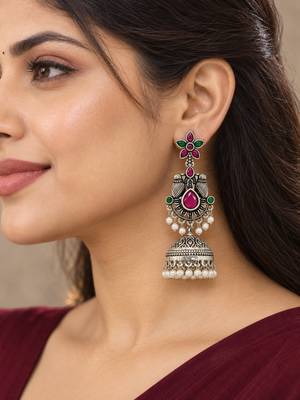 German silver bird motif red green long dome jhumka earrings 5