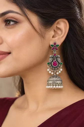 German silver bird motif red green long dome jhumka earrings