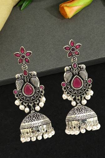German silver bird motif red ruby long dome jhumka earrings