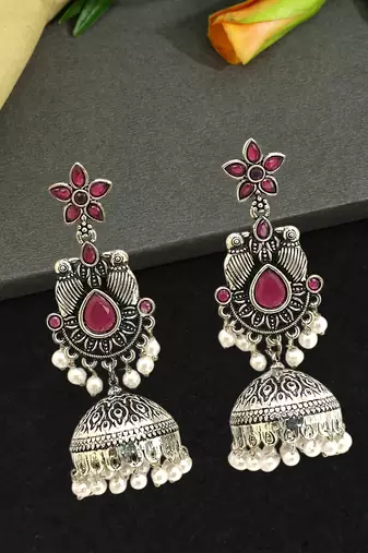 German silver bird motif red ruby long dome jhumka earrings