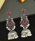 German silver bird motif red ruby long dome jhumka earrings