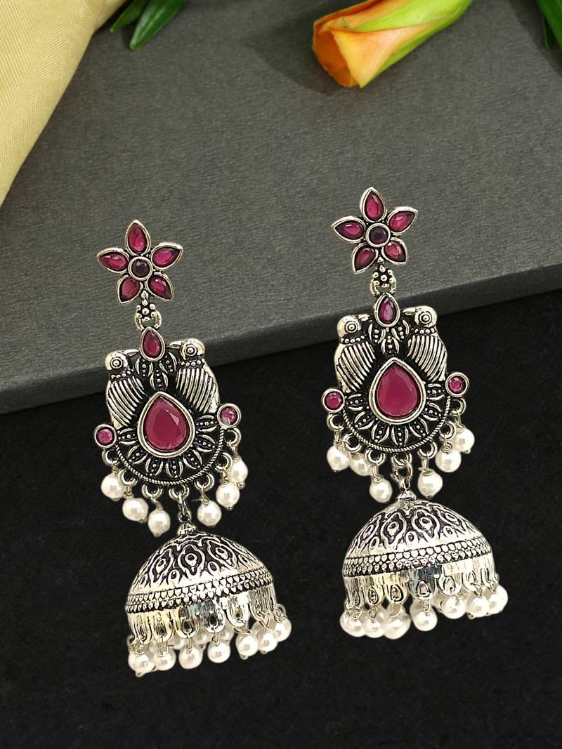 German silver bird motif red ruby long dome jhumka earrings