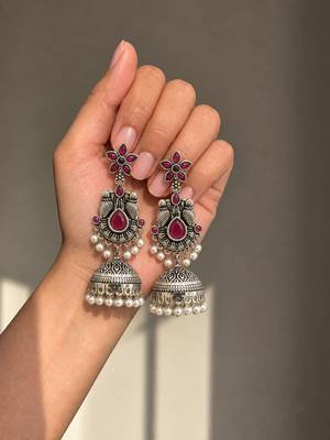 German silver bird motif red ruby long dome jhumka earrings 2