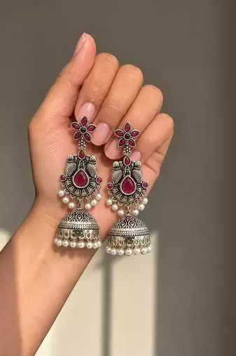 German silver bird motif red ruby long dome jhumka earrings