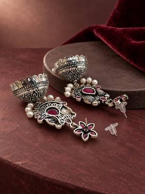 German silver bird motif red ruby long dome jhumka earrings 3