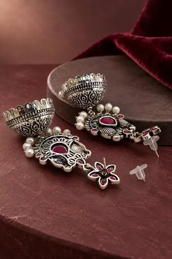 German silver bird motif red ruby long dome jhumka earrings