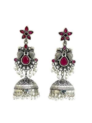 German silver bird motif red ruby long dome jhumka earrings 4