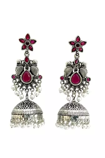 German silver bird motif red ruby long dome jhumka earrings