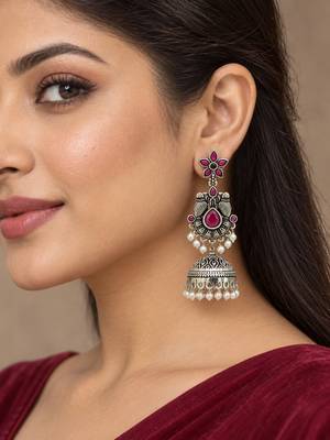 German silver bird motif red ruby long dome jhumka earrings 5