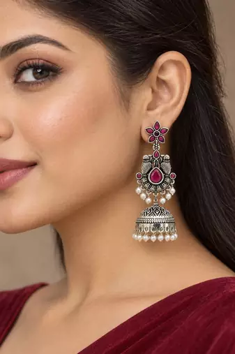 German silver bird motif red ruby long dome jhumka earrings