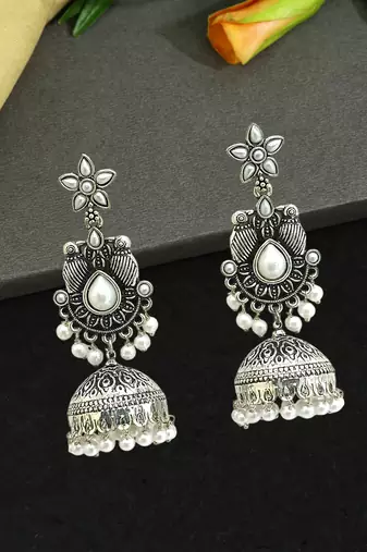 German silver bird motif white long dome jhumka earrings