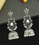 German silver bird motif white long dome jhumka earrings
