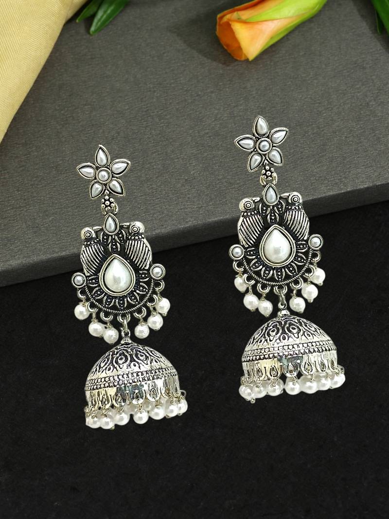 German silver bird motif white long dome jhumka earrings