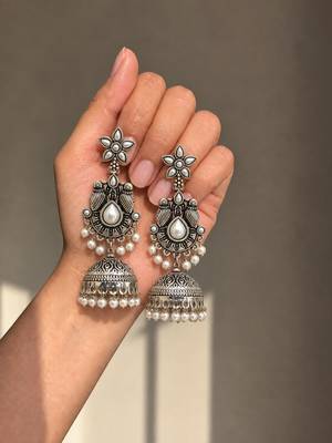 German silver bird motif white long dome jhumka earrings 2