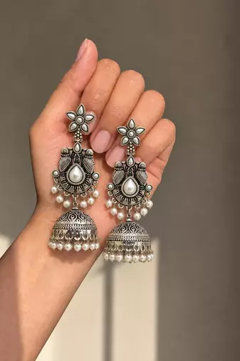 German silver bird motif white long dome jhumka earrings