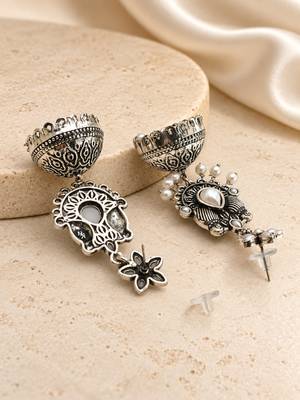 German silver bird motif white long dome jhumka earrings 3