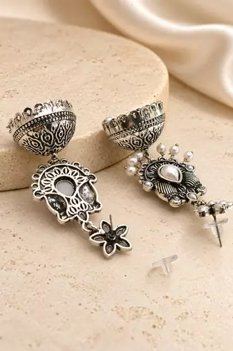 German silver bird motif white long dome jhumka earrings