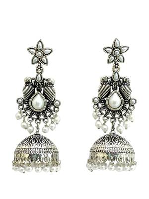 German silver bird motif white long dome jhumka earrings 4