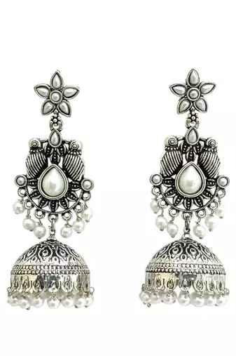 German silver bird motif white long dome jhumka earrings