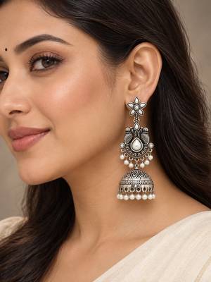 German silver bird motif white long dome jhumka earrings 5