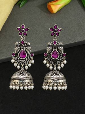 German silver bird motif wine long dome jhumka earrings 1