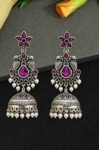 German silver bird motif wine long dome jhumka earrings