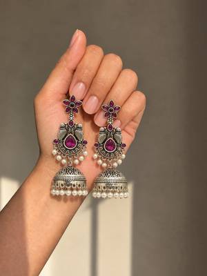 German silver bird motif wine long dome jhumka earrings 2