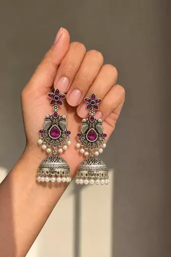 German silver bird motif wine long dome jhumka earrings
