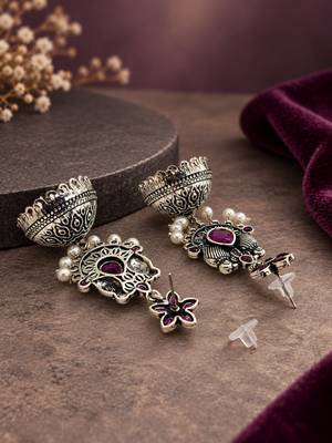 German silver bird motif wine long dome jhumka earrings 3
