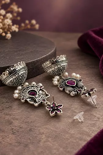 German silver bird motif wine long dome jhumka earrings