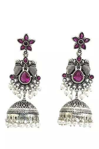 German silver bird motif wine long dome jhumka earrings