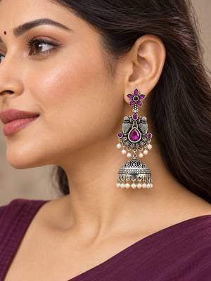 German silver bird motif wine long dome jhumka earrings 5