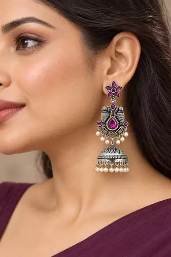German silver bird motif wine long dome jhumka earrings