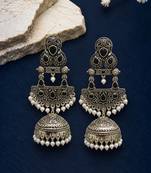 German silver crescent black long dome jhumka earrings