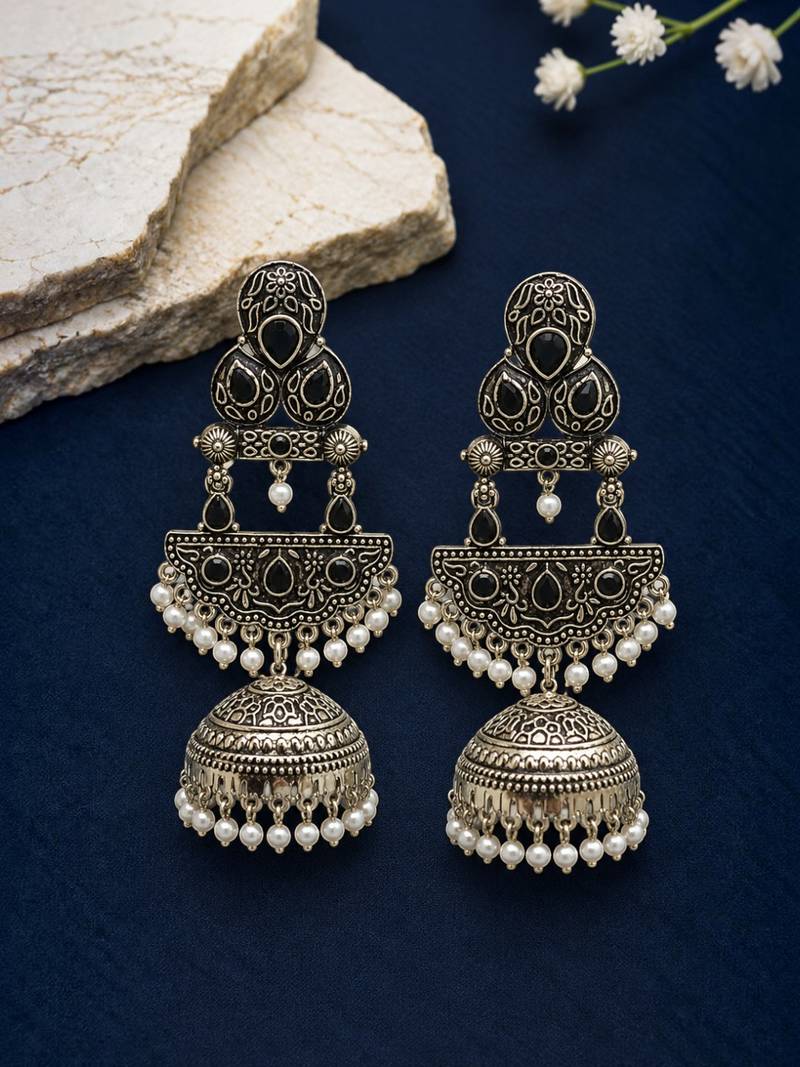 German silver crescent black long dome jhumka earrings