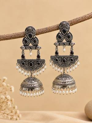 German silver crescent black long dome jhumka earrings 2