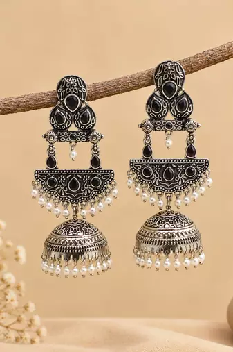 German silver crescent black long dome jhumka earrings