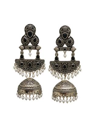 German silver crescent black long dome jhumka earrings 4