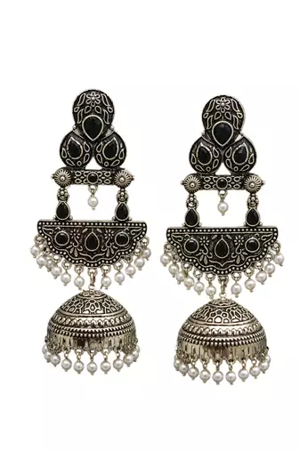 German silver crescent black long dome jhumka earrings