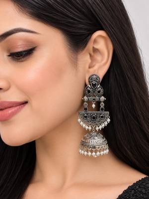 German silver crescent black long dome jhumka earrings 5